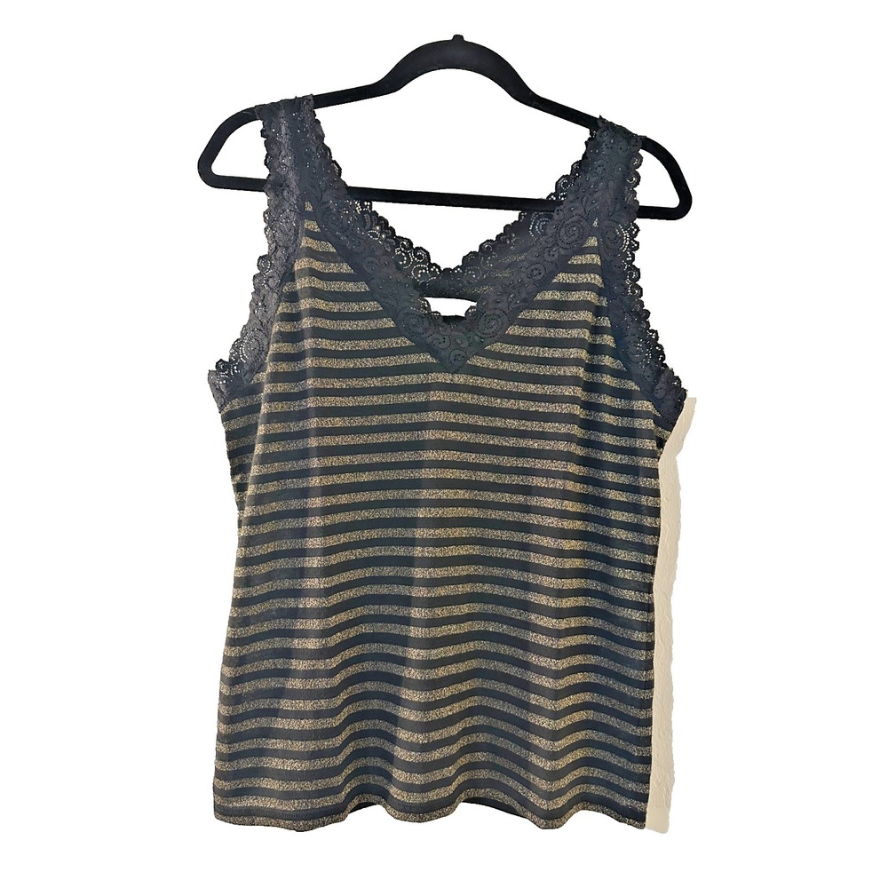 August Silk‎ Womans Striped Lace Trim Tank Top Size L Y2K Whimsigoth Fairygrunge